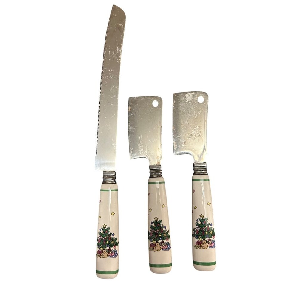 Vintage Christmas-Themed Knife Set With Ceramic Handles & Stainless Steel Blades